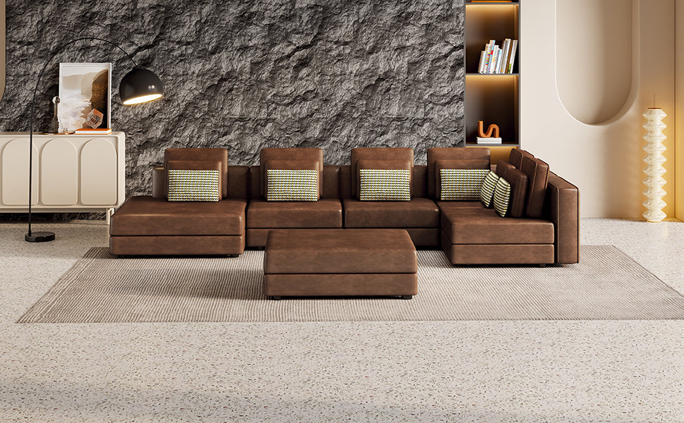 [product_type] | 112.7" Modular Sectional Sofa Corner Sofa Chaise Lounge with Movable Ottoman, Brown - Elegant and Versatile | casafoyer.myshopify.com