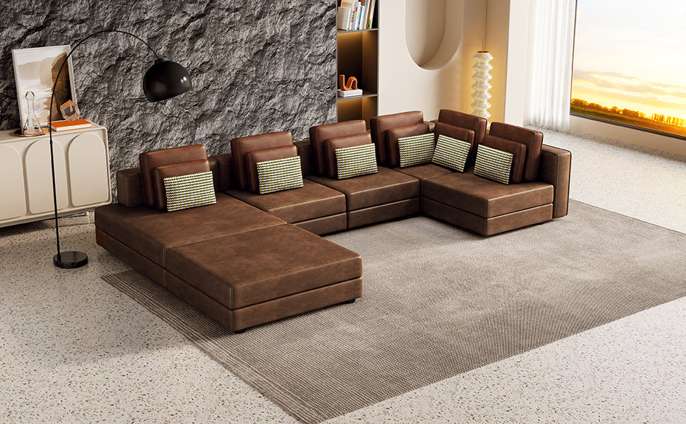 [product_type] | 112.7" Modular Sectional Sofa Corner Sofa Chaise Lounge with Movable Ottoman, Brown - Elegant and Versatile | casafoyer.myshopify.com