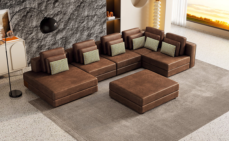 [product_type] | 112.7" Modular Sectional Sofa Corner Sofa Chaise Lounge with Movable Ottoman, Brown - Elegant and Versatile | casafoyer.myshopify.com