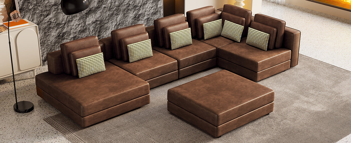 [product_type] | 112.7" Modular Sectional Sofa Corner Sofa Chaise Lounge with Movable Ottoman, Brown - Elegant and Versatile | casafoyer.myshopify.com