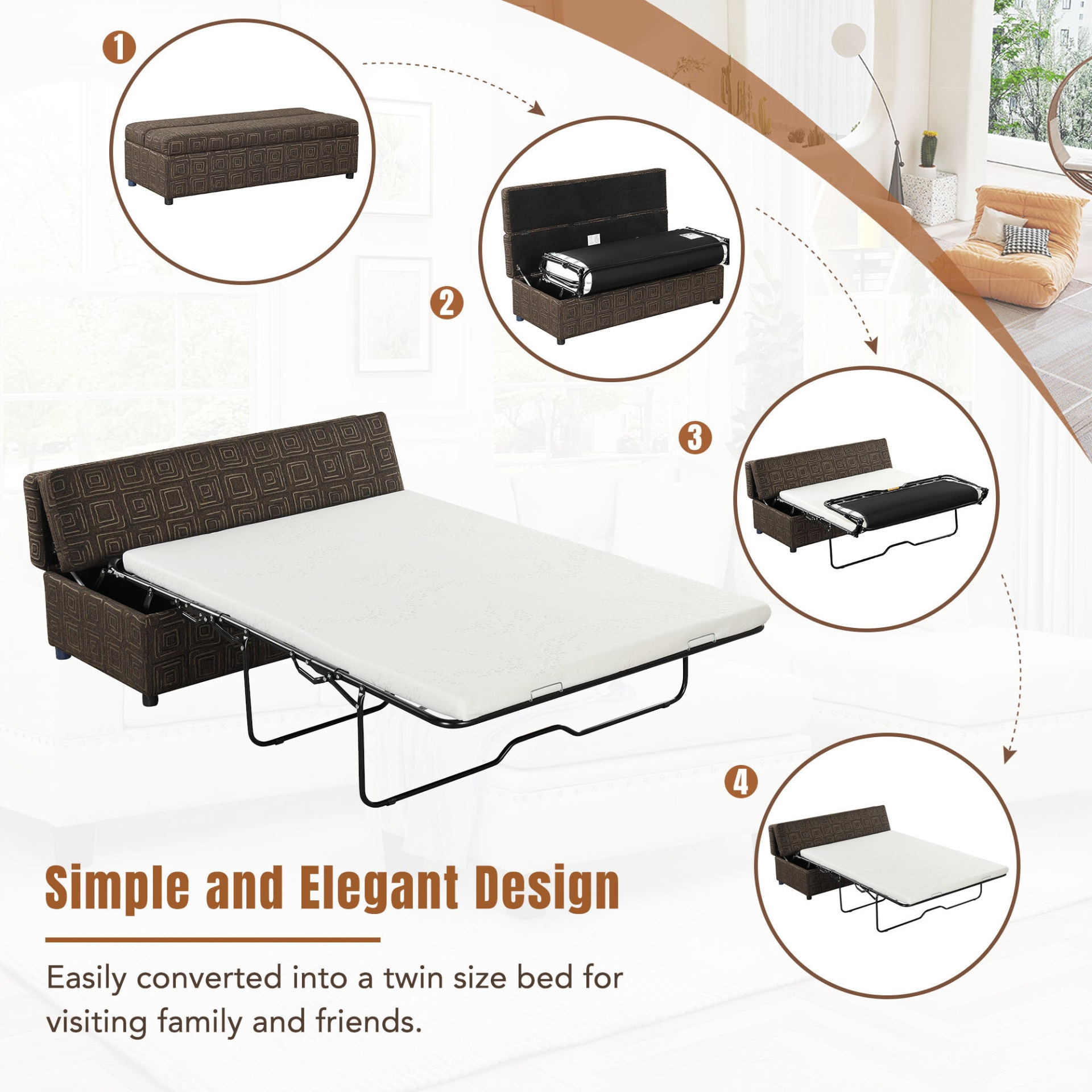 OTTOMAN | Full Size Folding Ottoman Sleeper Bed with Mattress Convertible Guest Bed Brown | casafoyer.myshopify.com