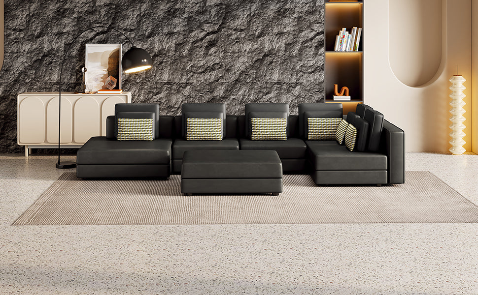 [product_type] | 112.7" Modular Sectional Sofa Corner Sofa Chaise Lounge with Movable Ottoman for Living Room, Black | casafoyer.myshopify.com