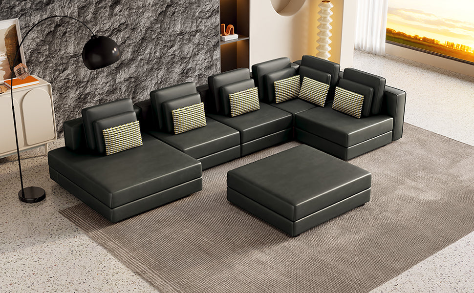 [product_type] | 112.7" Modular Sectional Sofa Corner Sofa Chaise Lounge with Movable Ottoman for Living Room, Black | casafoyer.myshopify.com