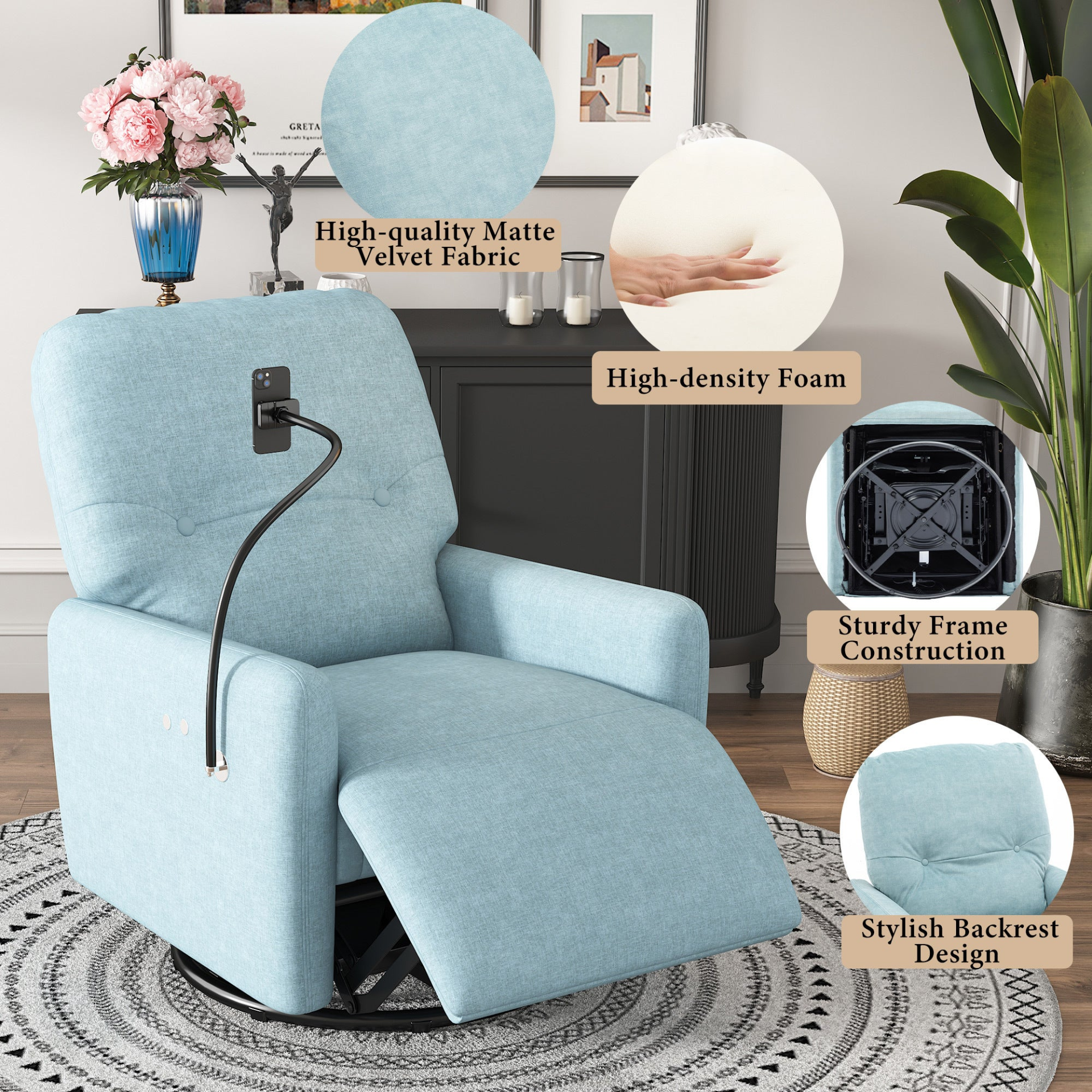 Sofa & Chair sets | 270 Degree Swivel Electric Recliner Home Theater Seating Single Reclining Sofa Rocking Motion Recliner with a Phone Holder for Living Room, Blue | casafoyer.myshopify.com