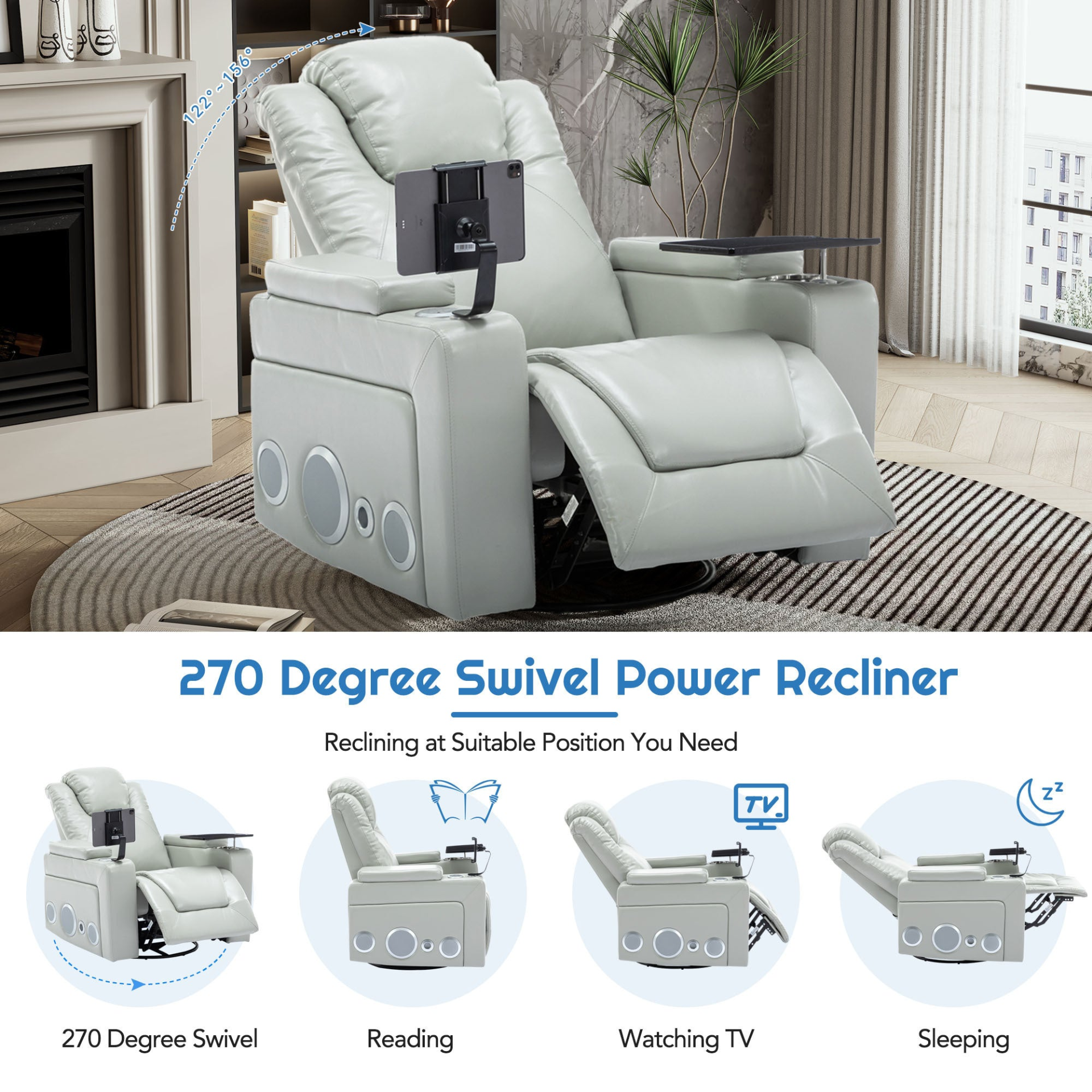 Sofa & Chair sets | 270 Degree Swivel PU Leather Power Recliner Individual Seat Home Theater Recliner with Surround Sound, Cup Holder, Removable Tray Table, Hidden Arm Storage for Living Room, Grey | casafoyer.myshopify.com