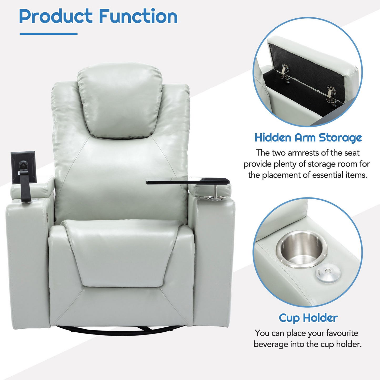 Sofa & Chair sets | 270 Degree Swivel PU Leather Power Recliner Individual Seat Home Theater Recliner with Surround Sound, Cup Holder, Removable Tray Table, Hidden Arm Storage for Living Room, Grey | casafoyer.myshopify.com