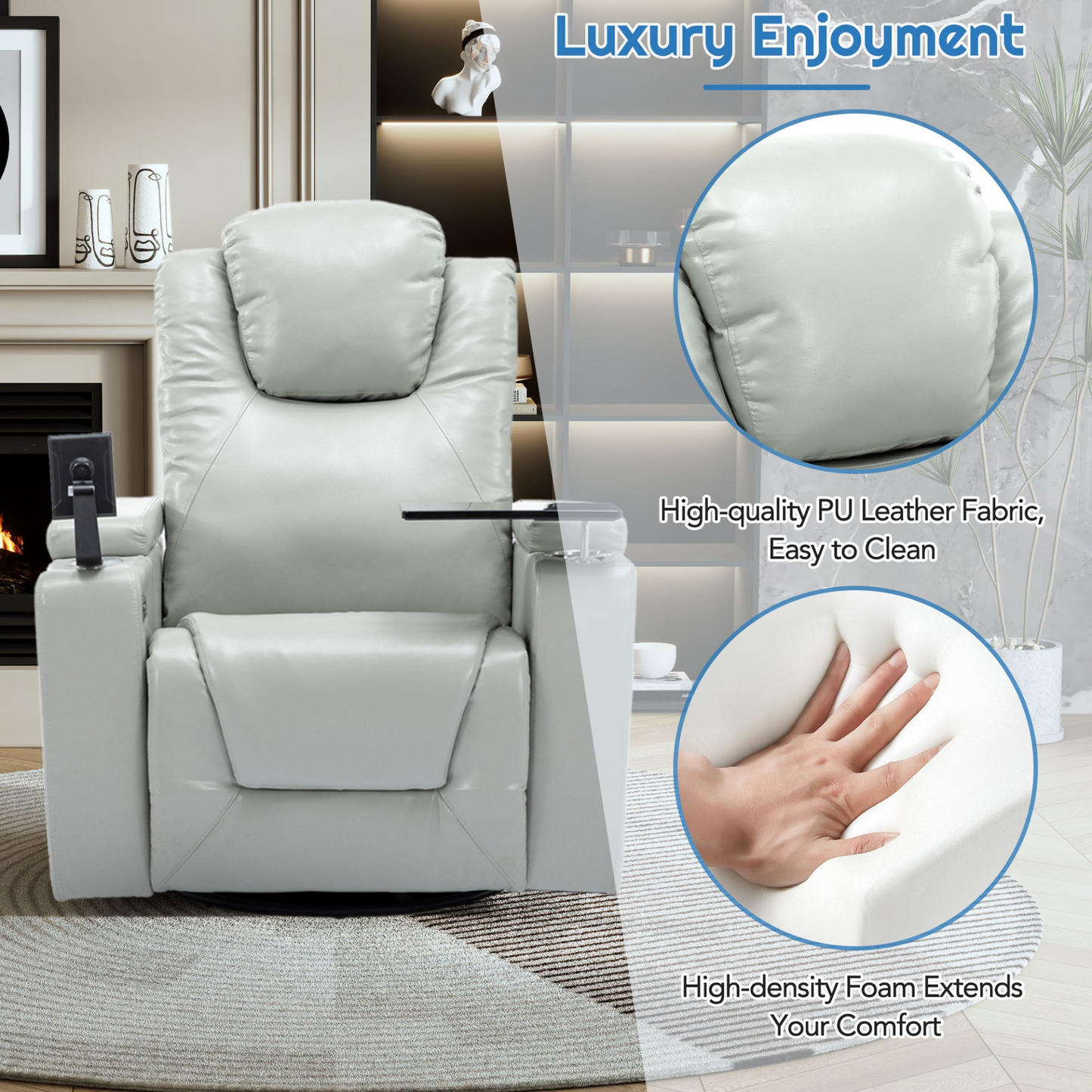 Sofa & Chair sets | 270 Degree Swivel PU Leather Power Recliner Individual Seat Home Theater Recliner with Surround Sound, Cup Holder, Removable Tray Table, Hidden Arm Storage for Living Room, Grey | casafoyer.myshopify.com