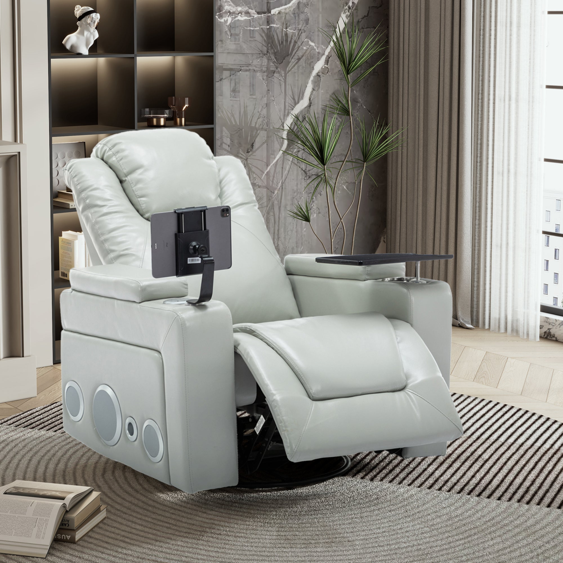 Sofa & Chair sets | 270 Degree Swivel PU Leather Power Recliner Individual Seat Home Theater Recliner with Surround Sound, Cup Holder, Removable Tray Table, Hidden Arm Storage for Living Room, Grey | casafoyer.myshopify.com