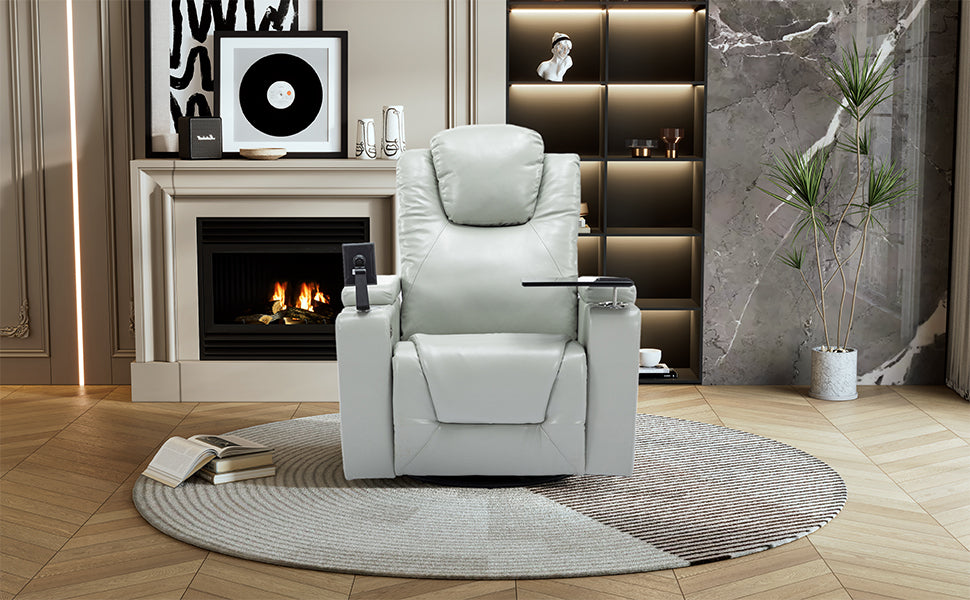 Sofa & Chair sets | 270 Degree Swivel PU Leather Power Recliner Individual Seat Home Theater Recliner with Surround Sound, Cup Holder, Removable Tray Table, Hidden Arm Storage for Living Room, Grey | casafoyer.myshopify.com