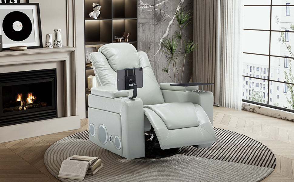 Sofa & Chair sets | 270 Degree Swivel PU Leather Power Recliner Individual Seat Home Theater Recliner with Surround Sound, Cup Holder, Removable Tray Table, Hidden Arm Storage for Living Room, Grey | casafoyer.myshopify.com