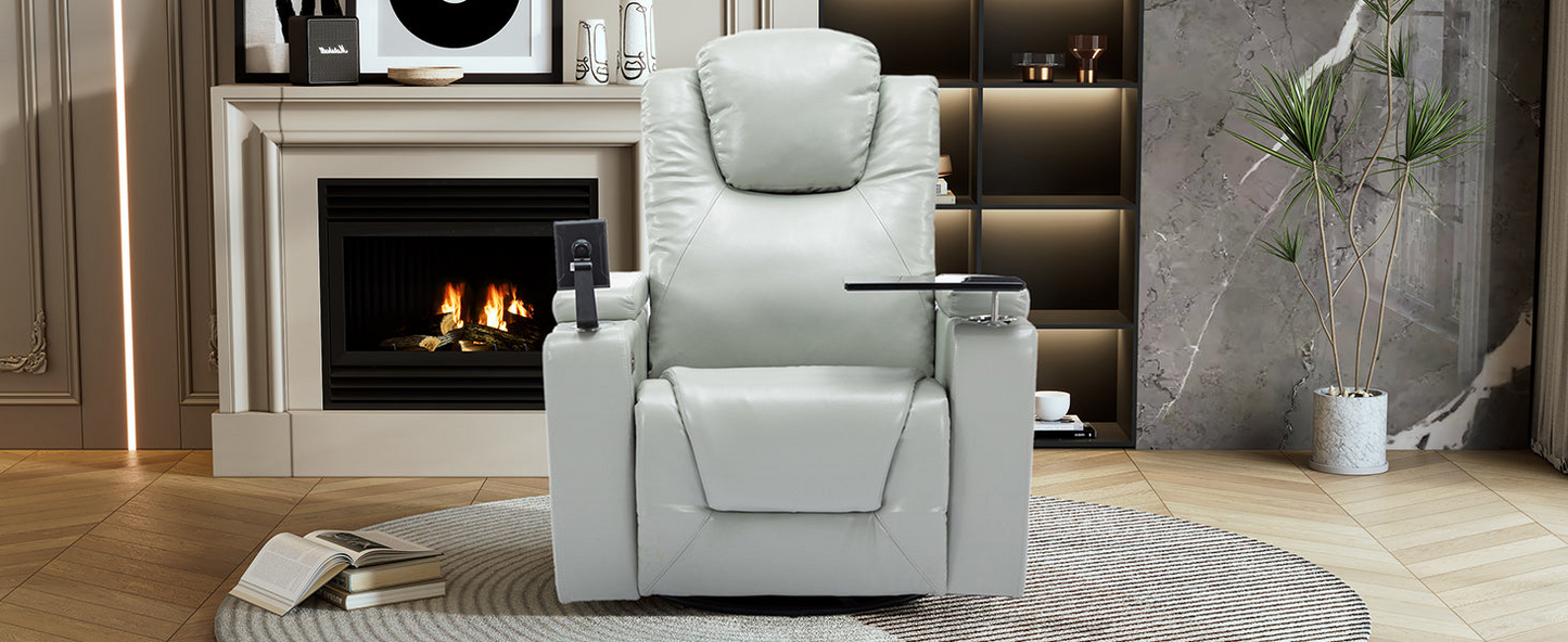 Sofa & Chair sets | 270 Degree Swivel PU Leather Power Recliner Individual Seat Home Theater Recliner with Surround Sound, Cup Holder, Removable Tray Table, Hidden Arm Storage for Living Room, Grey | casafoyer.myshopify.com