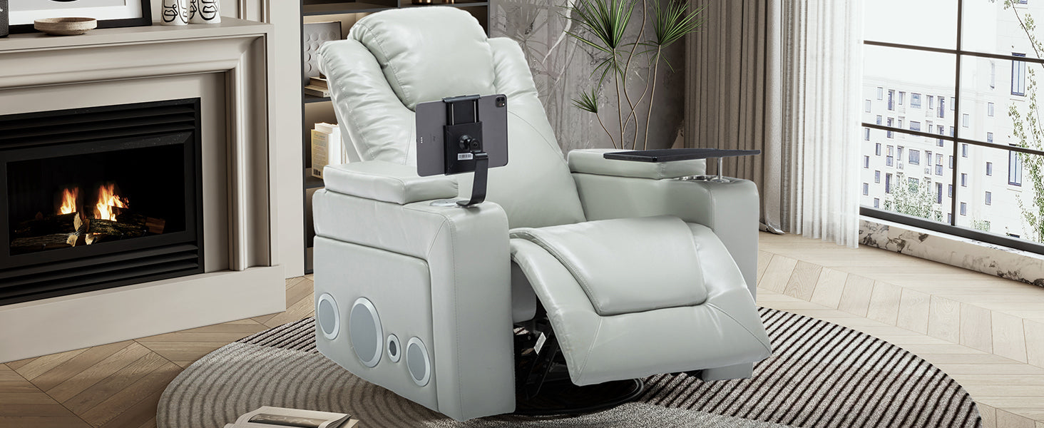 Sofa & Chair sets | 270 Degree Swivel PU Leather Power Recliner Individual Seat Home Theater Recliner with Surround Sound, Cup Holder, Removable Tray Table, Hidden Arm Storage for Living Room, Grey | casafoyer.myshopify.com