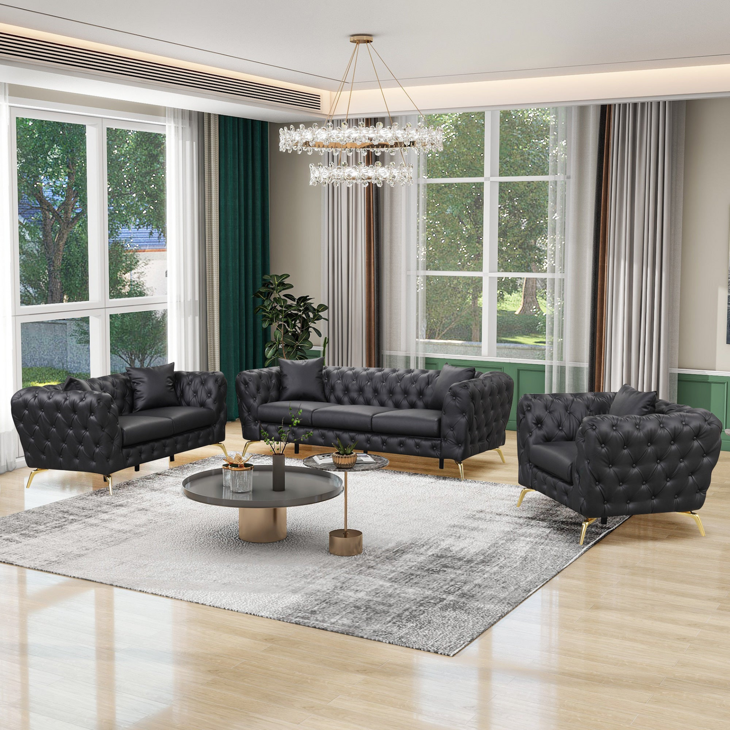 Sofa & Chair sets | Modern Sofa Couch PU Upholstered Sofa with Sturdy Metal Legs, Button Tufted Back, Single Sofa Chair for Living Room,Apartment,Home Office, Black | casafoyer.myshopify.com