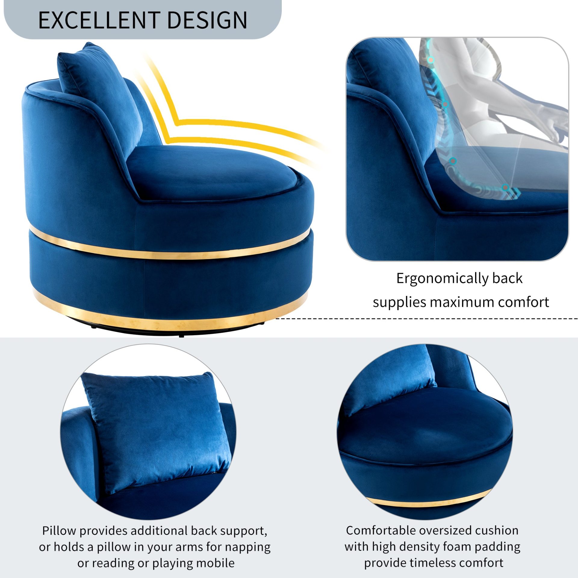 Sofa & Chair sets | 360 Degree Swivel Accent Chair Velvet Modern Upholstered Barrel Chair Over-Sized Soft Chair with Seat Cushion for Living Room, Bedroom, Office, Apartment, Blue | casafoyer.myshopify.com