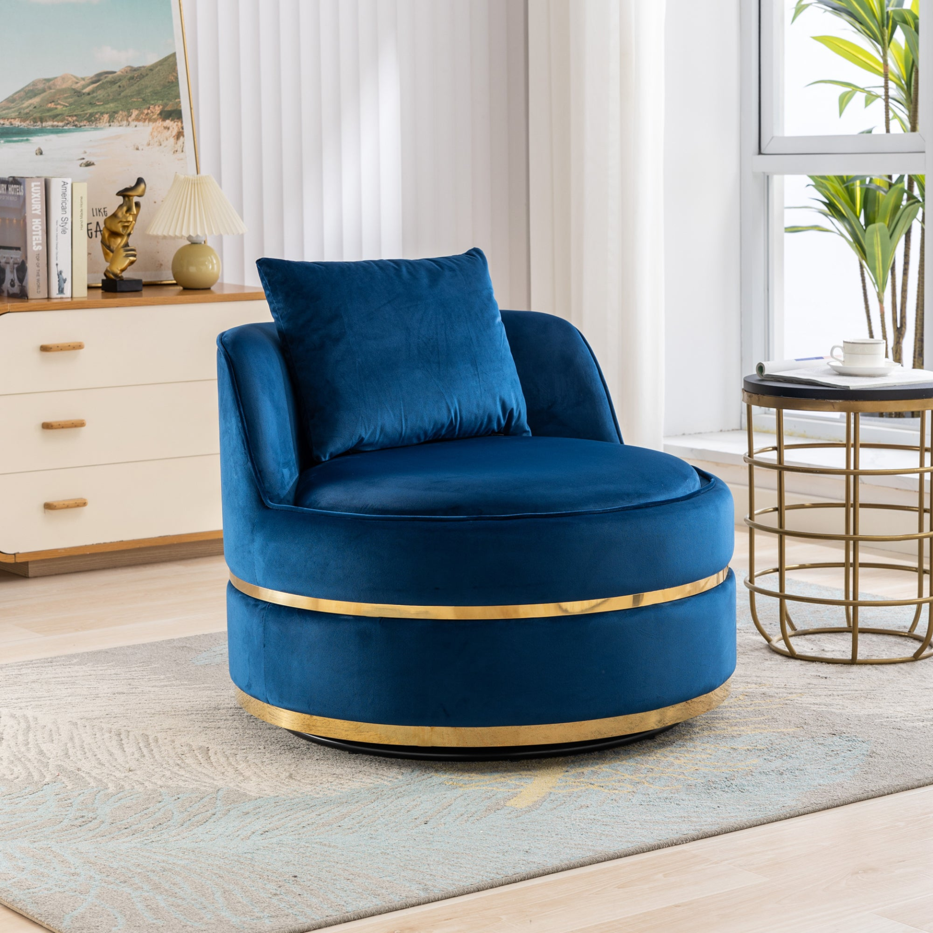 Sofa & Chair sets | 360 Degree Swivel Accent Chair Velvet Modern Upholstered Barrel Chair Over-Sized Soft Chair with Seat Cushion for Living Room, Bedroom, Office, Apartment, Blue | casafoyer.myshopify.com