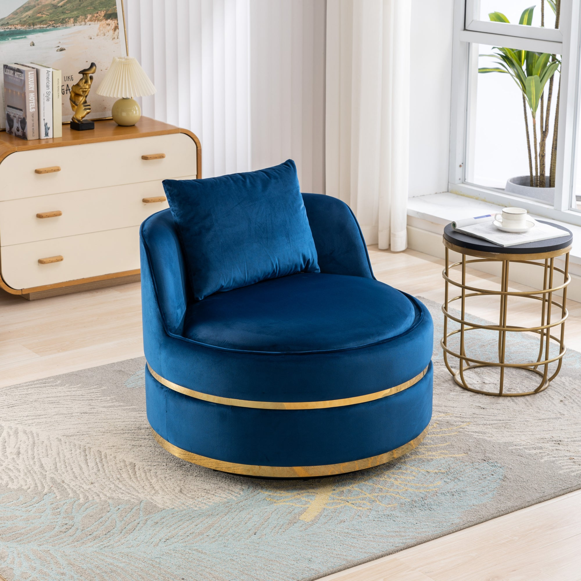 Sofa & Chair sets | 360 Degree Swivel Accent Chair Velvet Modern Upholstered Barrel Chair Over-Sized Soft Chair with Seat Cushion for Living Room, Bedroom, Office, Apartment, Blue | casafoyer.myshopify.com