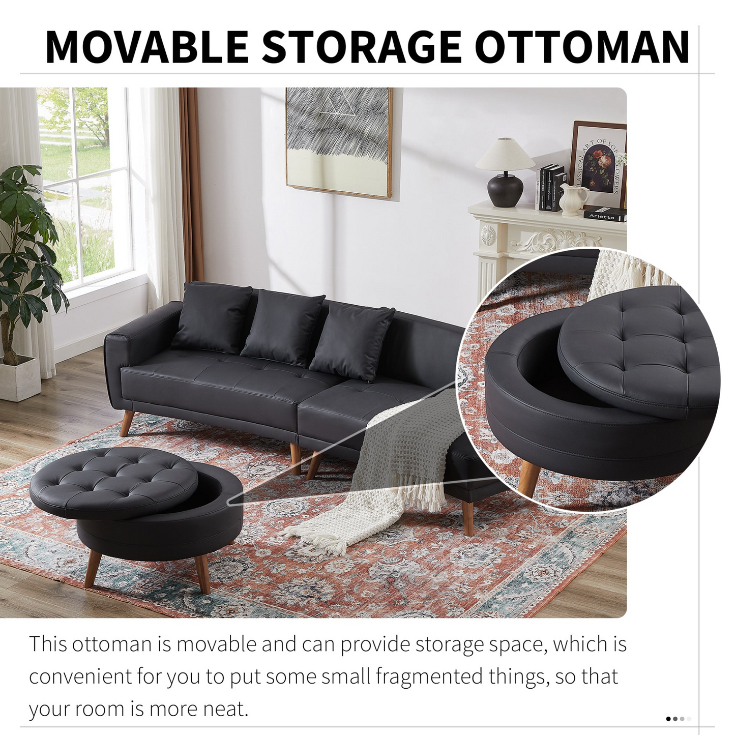 Sofa & Chair sets | Contemporary Sofa Stylish Sofa Couch with a Round Storage Ottoman and Three Removable Pillows for Living Room, Black | casafoyer.myshopify.com