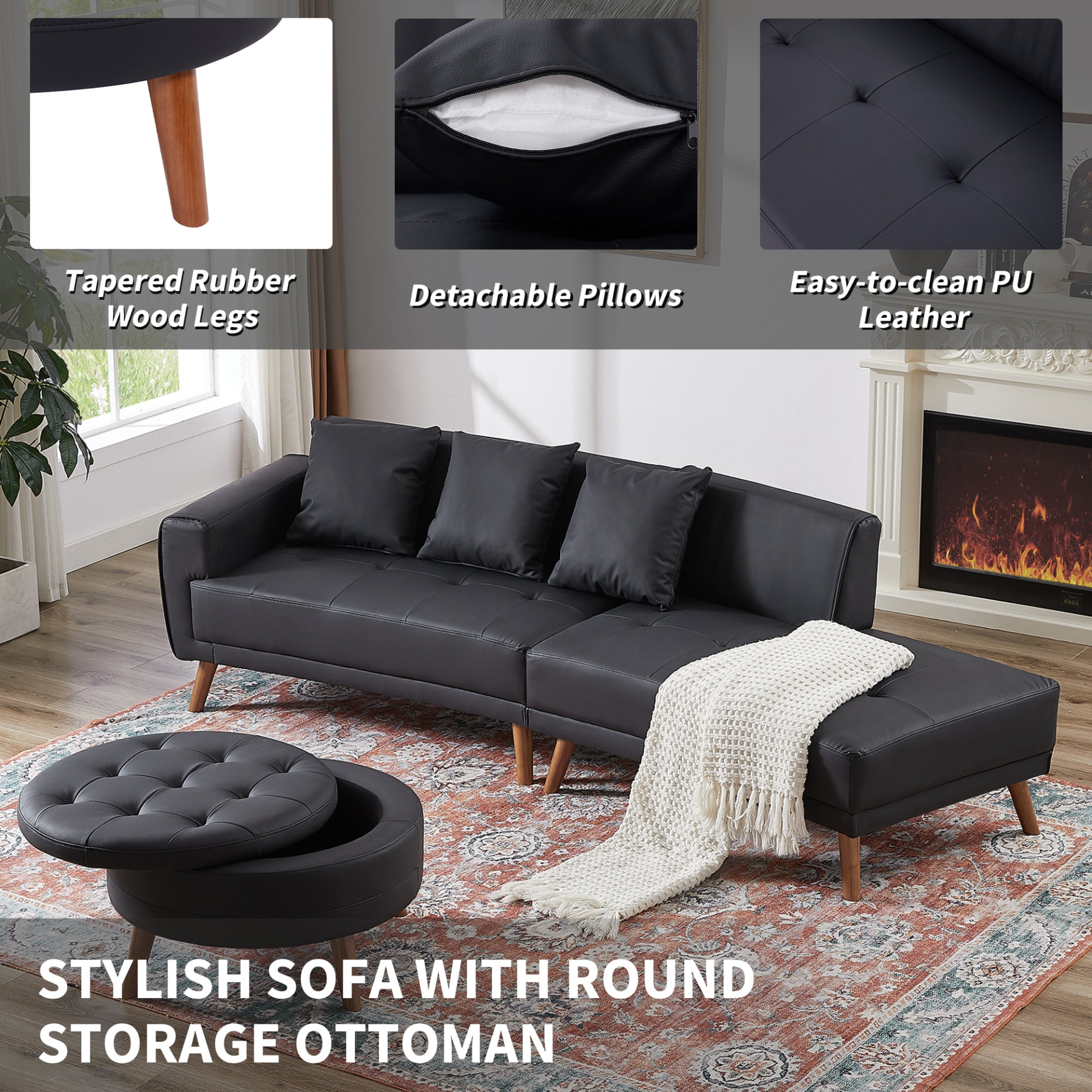 Sofa & Chair sets | Contemporary Sofa Stylish Sofa Couch with a Round Storage Ottoman and Three Removable Pillows for Living Room, Black | casafoyer.myshopify.com