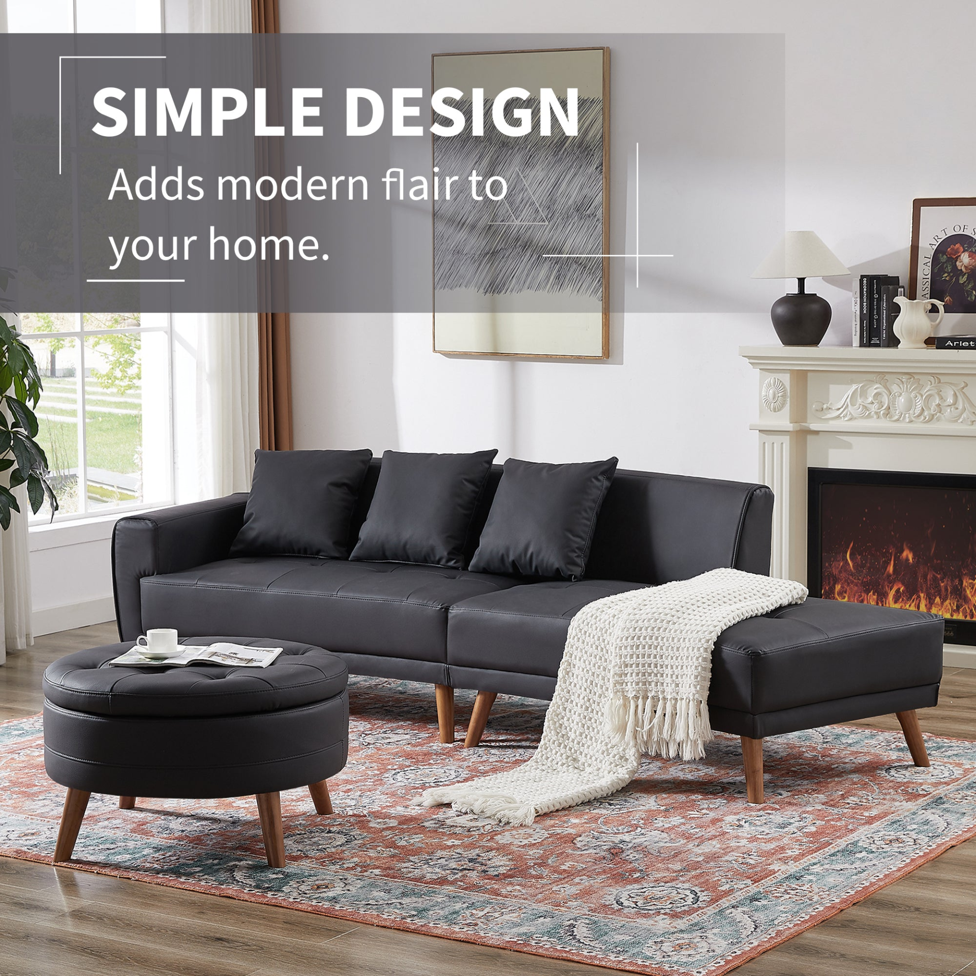 Sofa & Chair sets | Contemporary Sofa Stylish Sofa Couch with a Round Storage Ottoman and Three Removable Pillows for Living Room, Black | casafoyer.myshopify.com