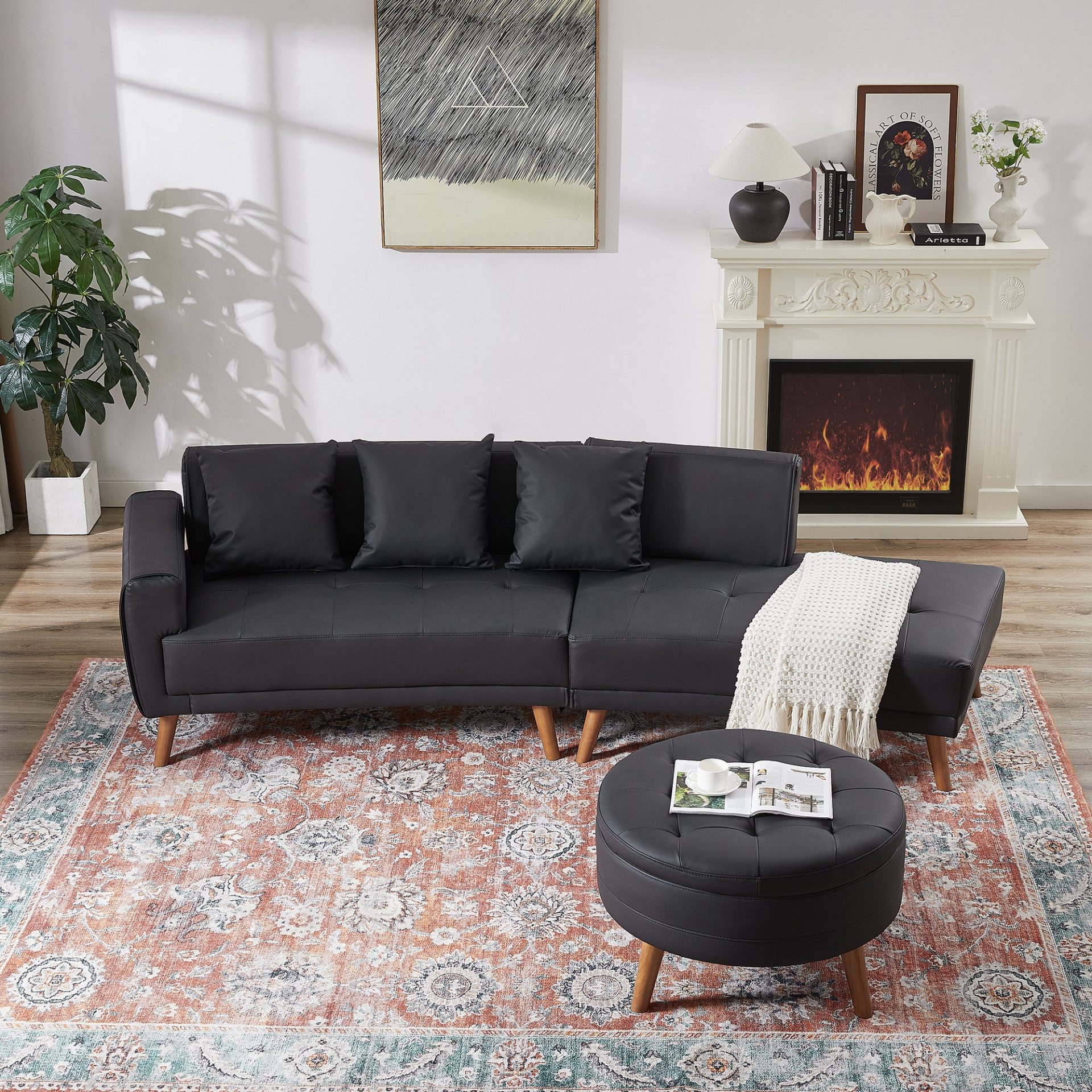 Sofa & Chair sets | Contemporary Sofa Stylish Sofa Couch with a Round Storage Ottoman and Three Removable Pillows for Living Room, Black | casafoyer.myshopify.com