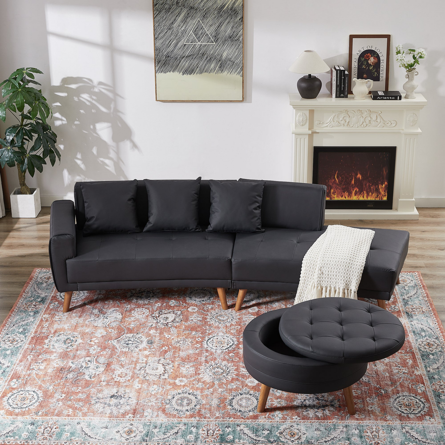 Sofa & Chair sets | Contemporary Sofa Stylish Sofa Couch with a Round Storage Ottoman and Three Removable Pillows for Living Room, Black | casafoyer.myshopify.com