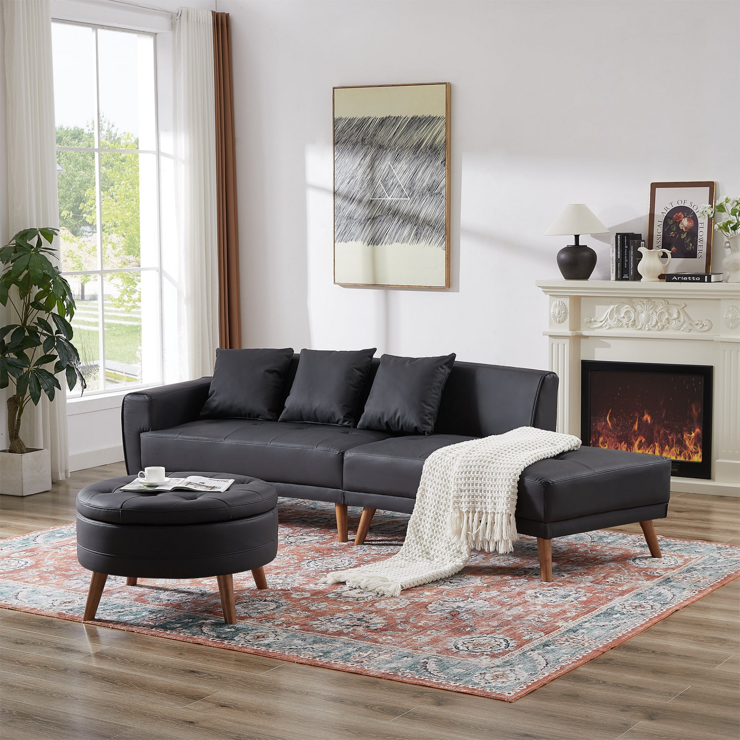 Sofa & Chair sets | Contemporary Sofa Stylish Sofa Couch with a Round Storage Ottoman and Three Removable Pillows for Living Room, Black | casafoyer.myshopify.com