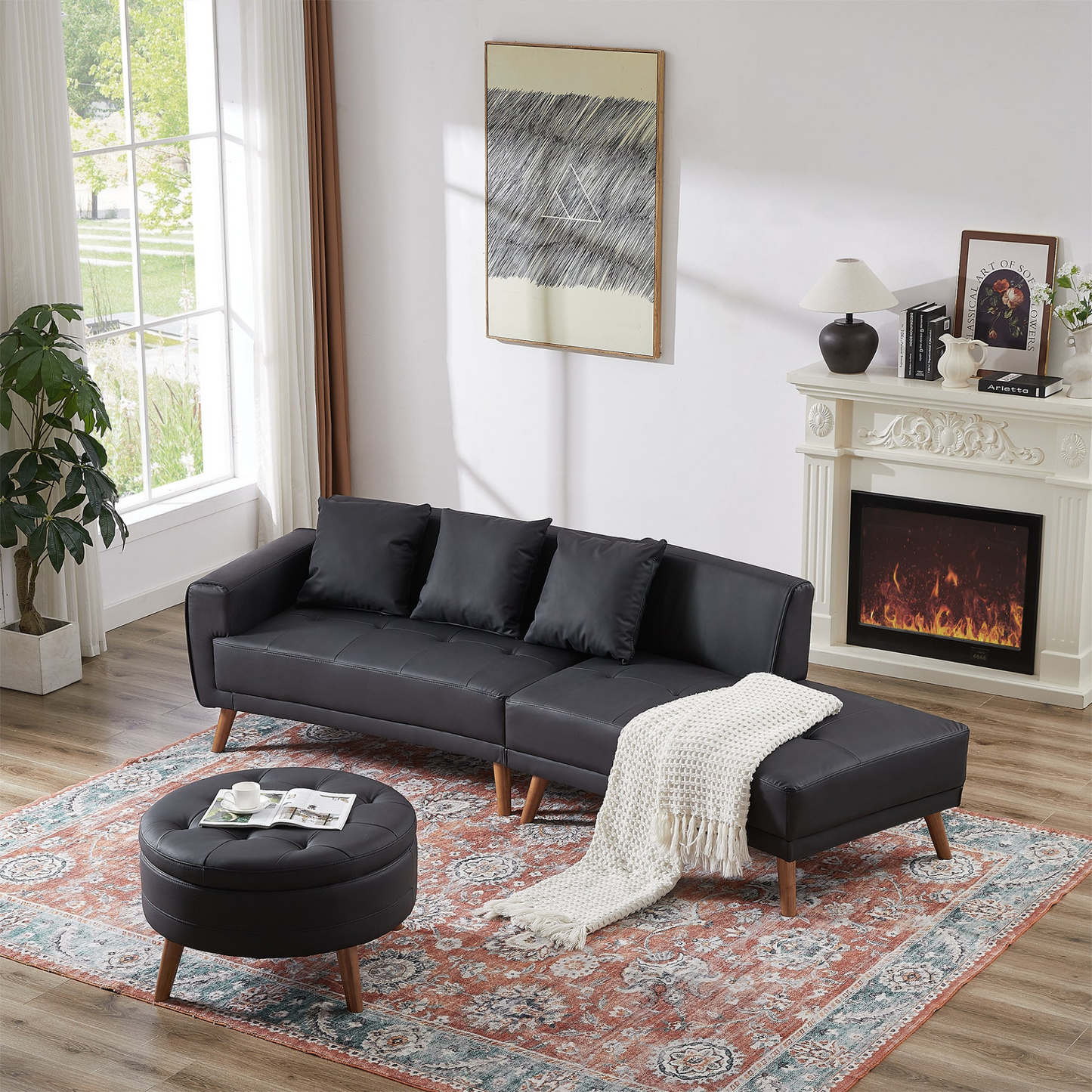 Sofa & Chair sets | Contemporary Sofa Stylish Sofa Couch with a Round Storage Ottoman and Three Removable Pillows for Living Room, Black | casafoyer.myshopify.com