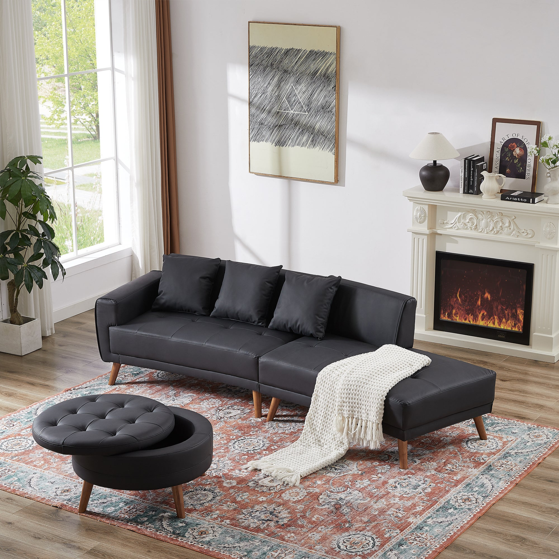 Sofa & Chair sets | Contemporary Sofa Stylish Sofa Couch with a Round Storage Ottoman and Three Removable Pillows for Living Room, Black | casafoyer.myshopify.com