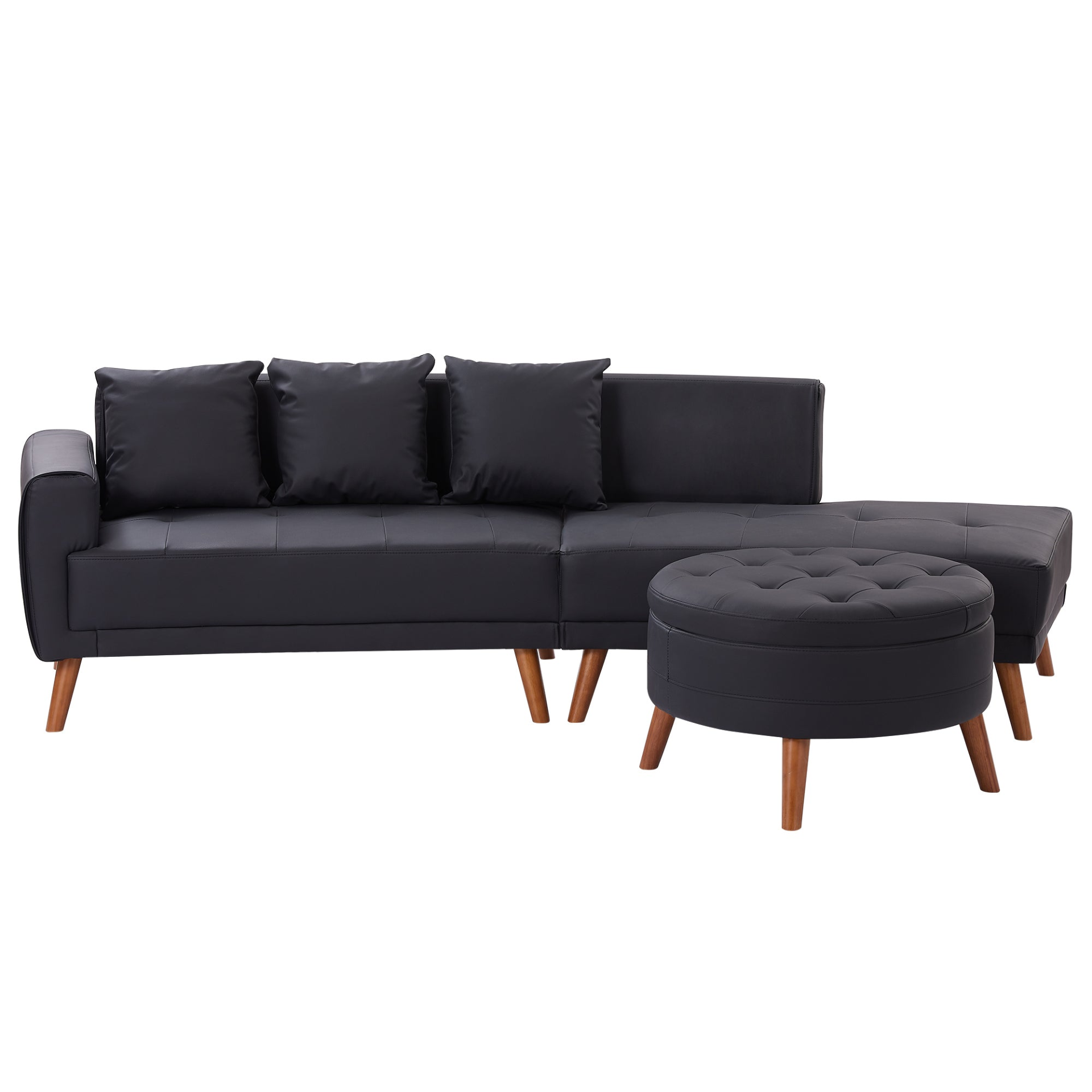 Sofa & Chair sets | Contemporary Sofa Stylish Sofa Couch with a Round Storage Ottoman and Three Removable Pillows for Living Room, Black | casafoyer.myshopify.com