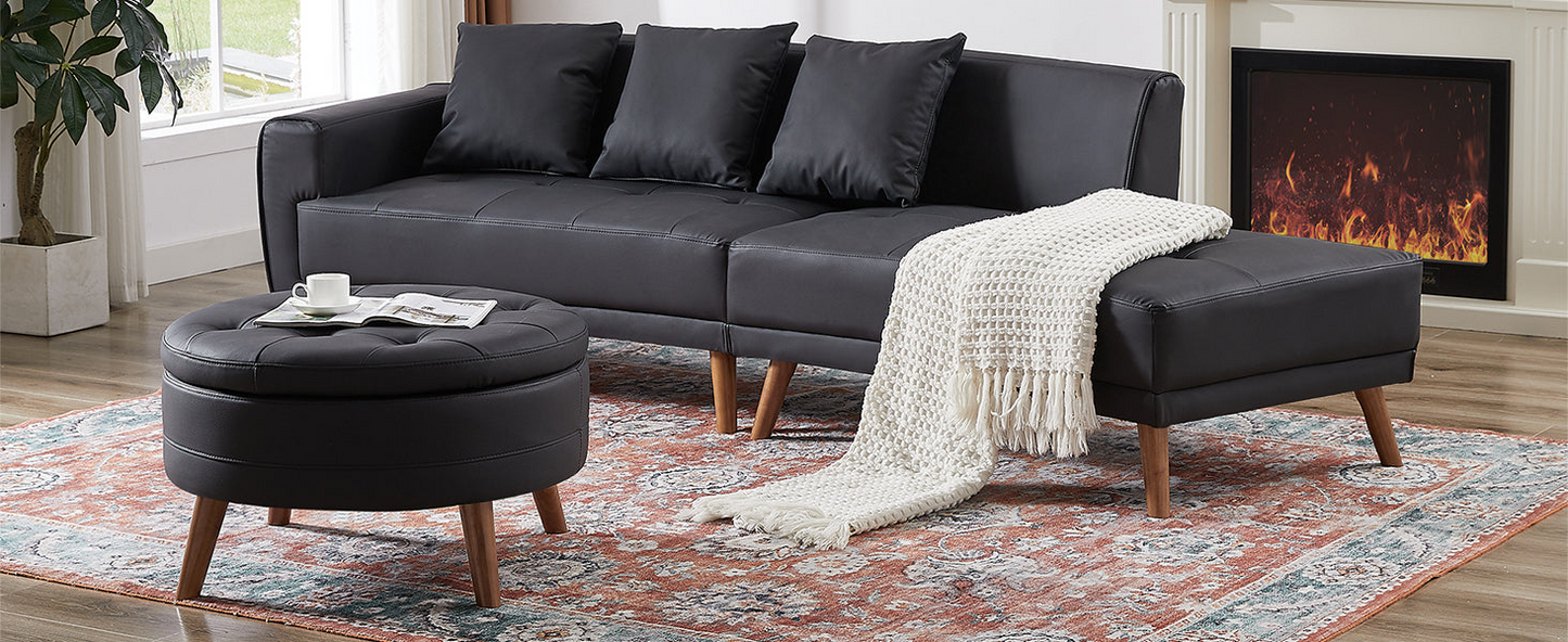 Sofa & Chair sets | Contemporary Sofa Stylish Sofa Couch with a Round Storage Ottoman and Three Removable Pillows for Living Room, Black | casafoyer.myshopify.com