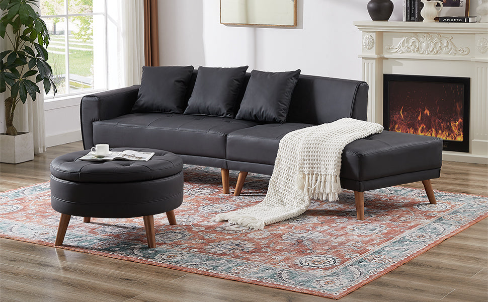 Sofa & Chair sets | Contemporary Sofa Stylish Sofa Couch with a Round Storage Ottoman and Three Removable Pillows for Living Room, Black | casafoyer.myshopify.com