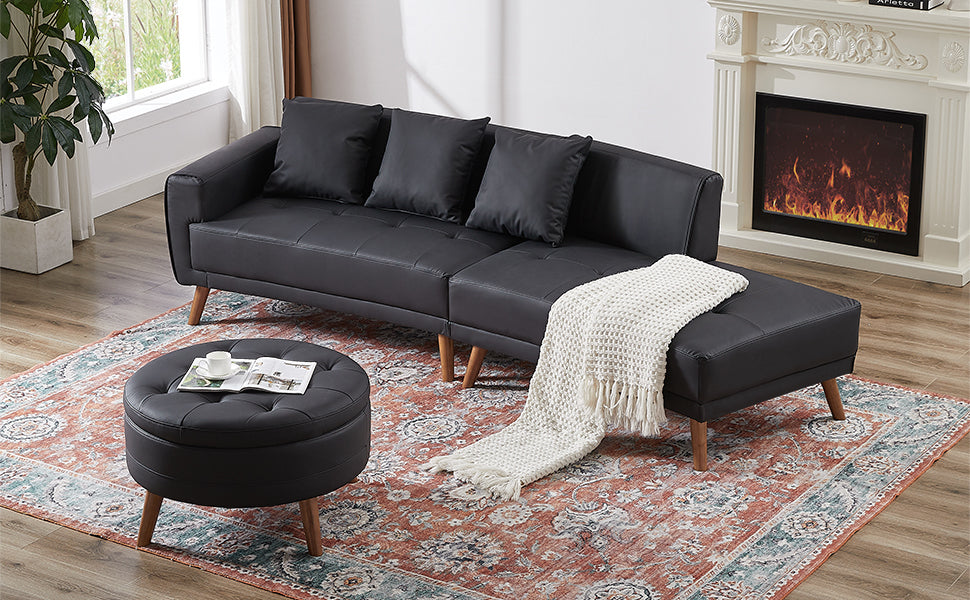 Sofa & Chair sets | Contemporary Sofa Stylish Sofa Couch with a Round Storage Ottoman and Three Removable Pillows for Living Room, Black | casafoyer.myshopify.com