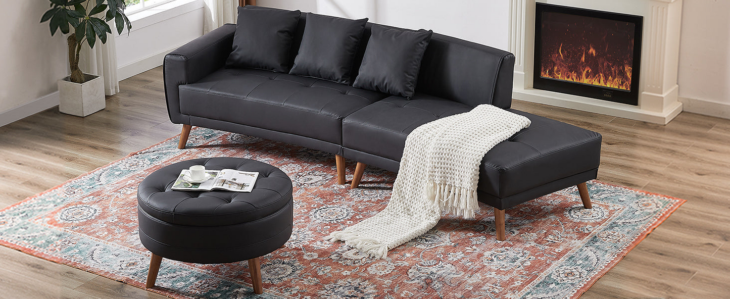 Sofa & Chair sets | Contemporary Sofa Stylish Sofa Couch with a Round Storage Ottoman and Three Removable Pillows for Living Room, Black | casafoyer.myshopify.com