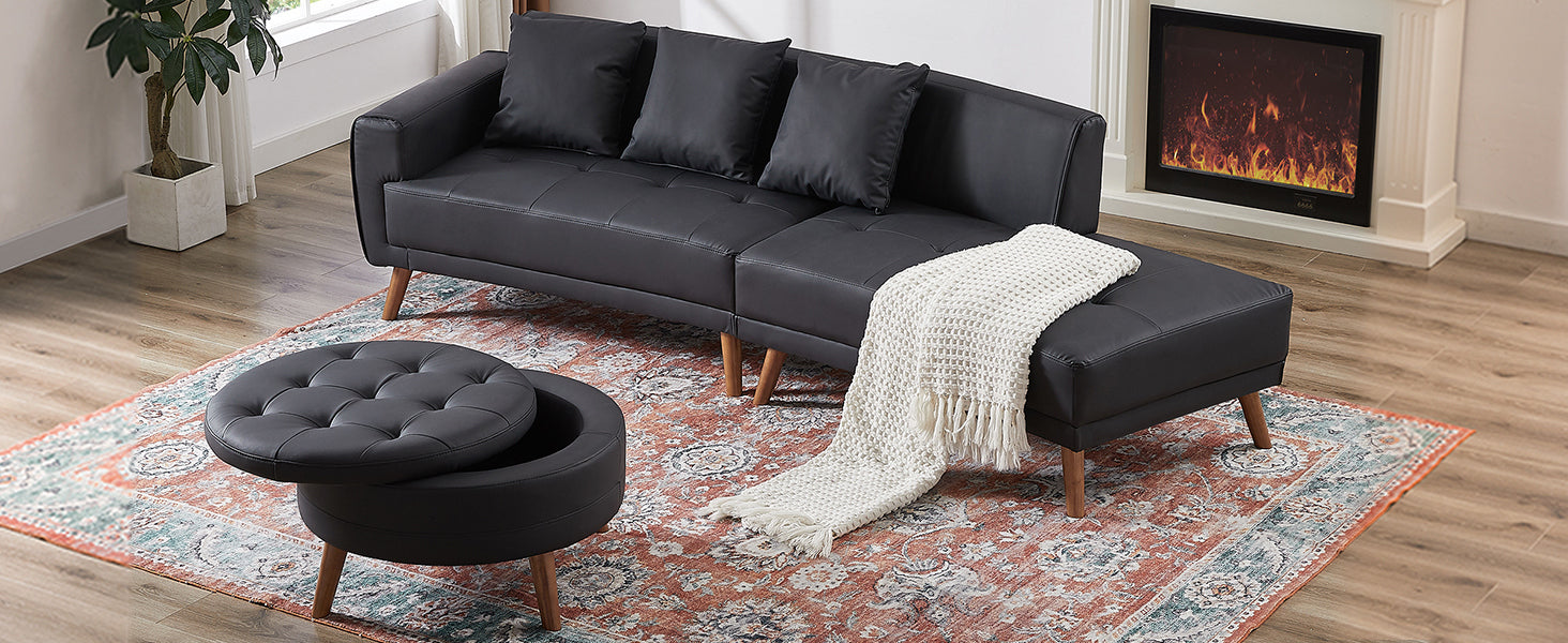 Sofa & Chair sets | Contemporary Sofa Stylish Sofa Couch with a Round Storage Ottoman and Three Removable Pillows for Living Room, Black | casafoyer.myshopify.com