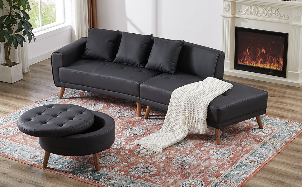 Sofa & Chair sets | Contemporary Sofa Stylish Sofa Couch with a Round Storage Ottoman and Three Removable Pillows for Living Room, Black | casafoyer.myshopify.com