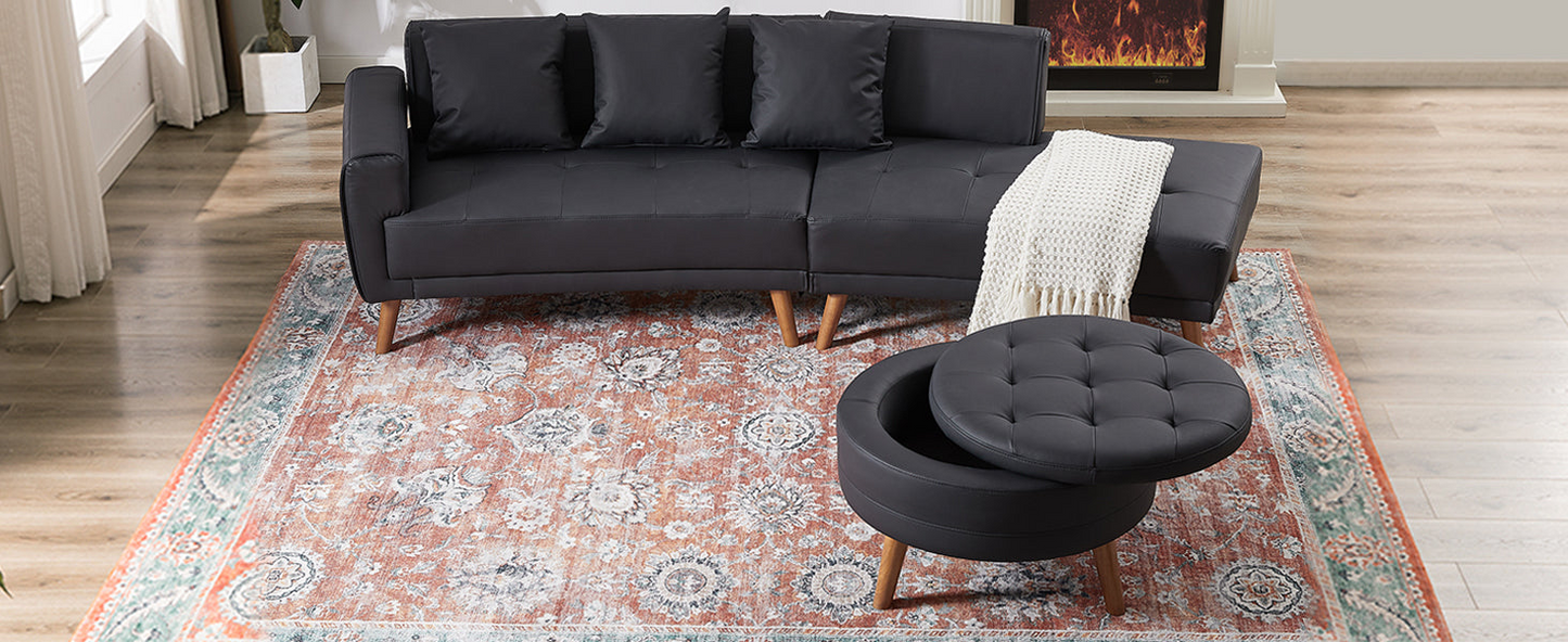 Sofa & Chair sets | Contemporary Sofa Stylish Sofa Couch with a Round Storage Ottoman and Three Removable Pillows for Living Room, Black | casafoyer.myshopify.com