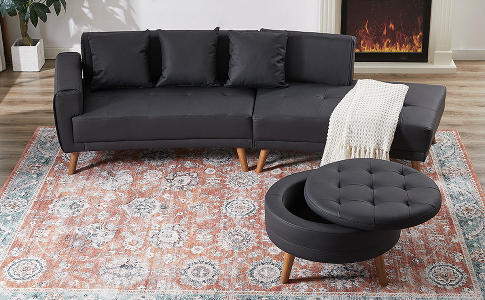 Sofa & Chair sets | Contemporary Sofa Stylish Sofa Couch with a Round Storage Ottoman and Three Removable Pillows for Living Room, Black | casafoyer.myshopify.com