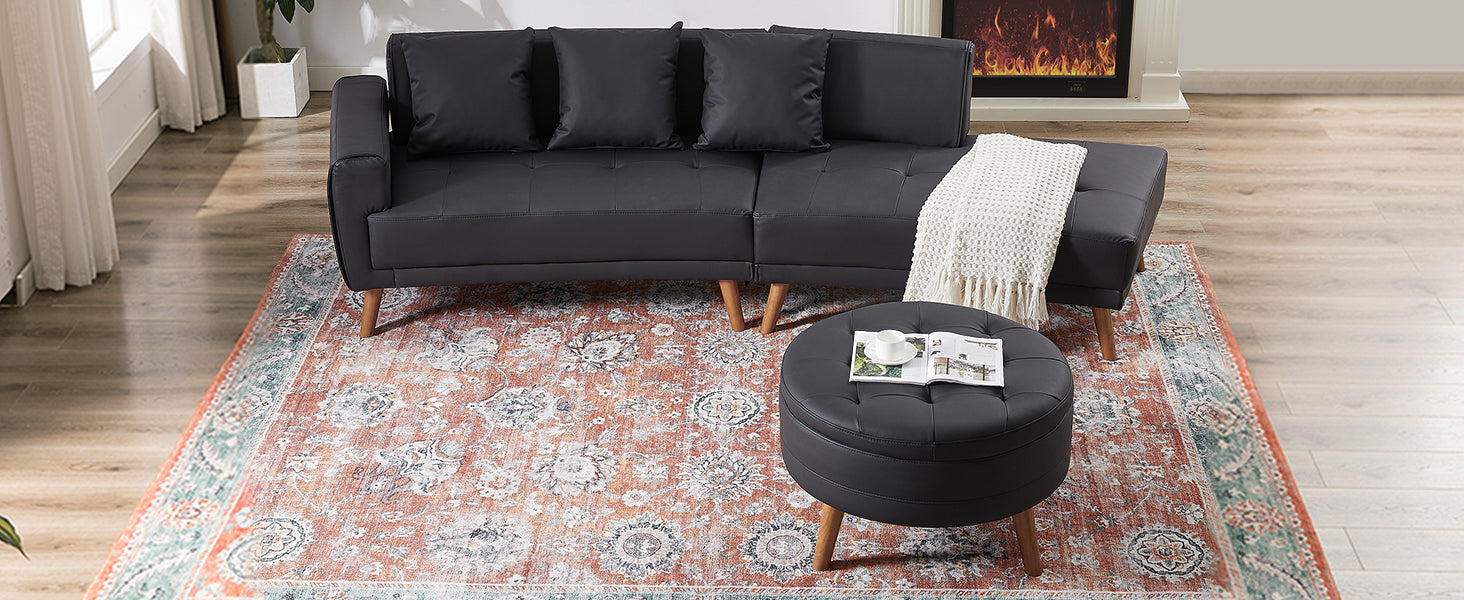 Sofa & Chair sets | Contemporary Sofa Stylish Sofa Couch with a Round Storage Ottoman and Three Removable Pillows for Living Room, Black | casafoyer.myshopify.com