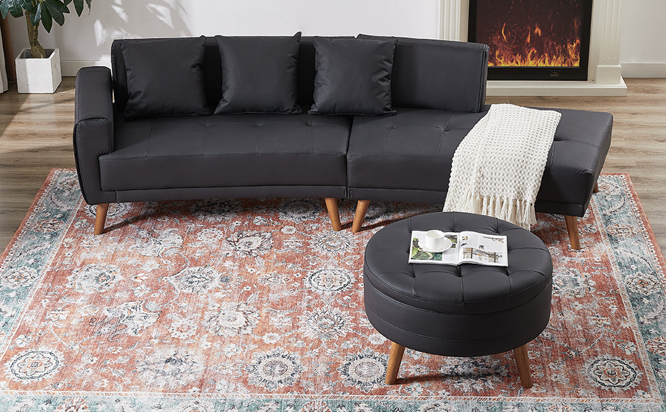 Sofa & Chair sets | Contemporary Sofa Stylish Sofa Couch with a Round Storage Ottoman and Three Removable Pillows for Living Room, Black | casafoyer.myshopify.com