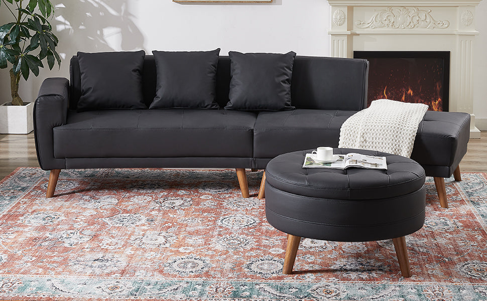 Sofa & Chair sets | Contemporary Sofa Stylish Sofa Couch with a Round Storage Ottoman and Three Removable Pillows for Living Room, Black | casafoyer.myshopify.com