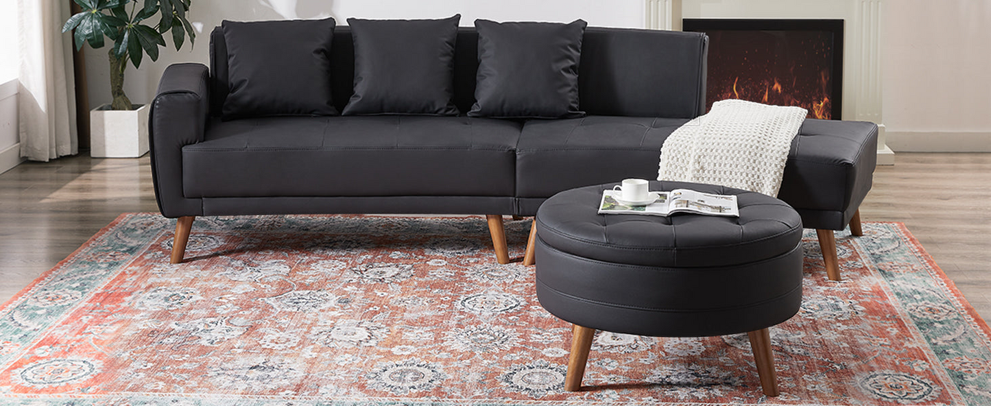 Sofa & Chair sets | Contemporary Sofa Stylish Sofa Couch with a Round Storage Ottoman and Three Removable Pillows for Living Room, Black | casafoyer.myshopify.com