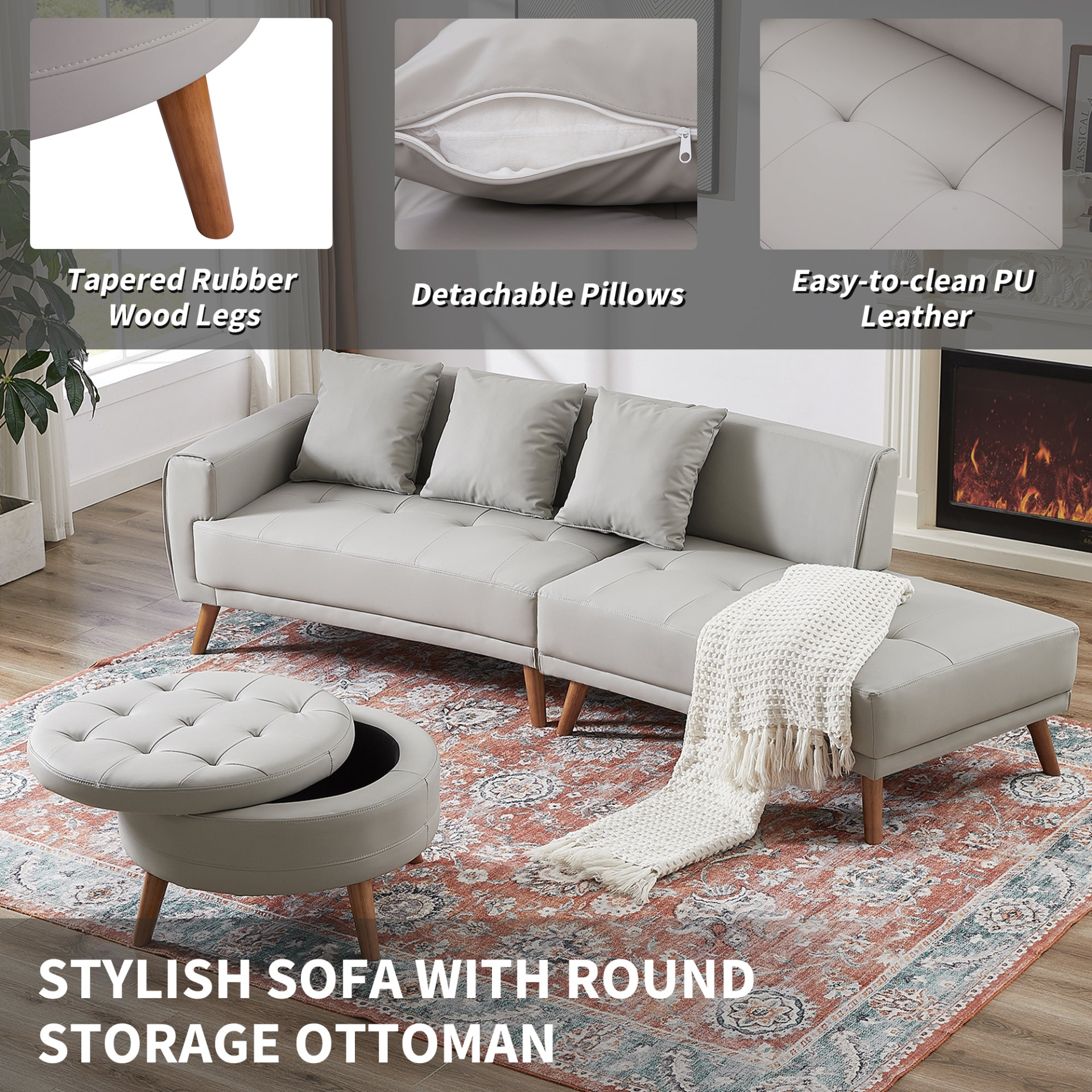 Sofa & Chair sets | Contemporary Sofa Stylish Sofa Couch with a Round Storage Ottoman and Three Removable Pillows for Living Room, Grey | casafoyer.myshopify.com