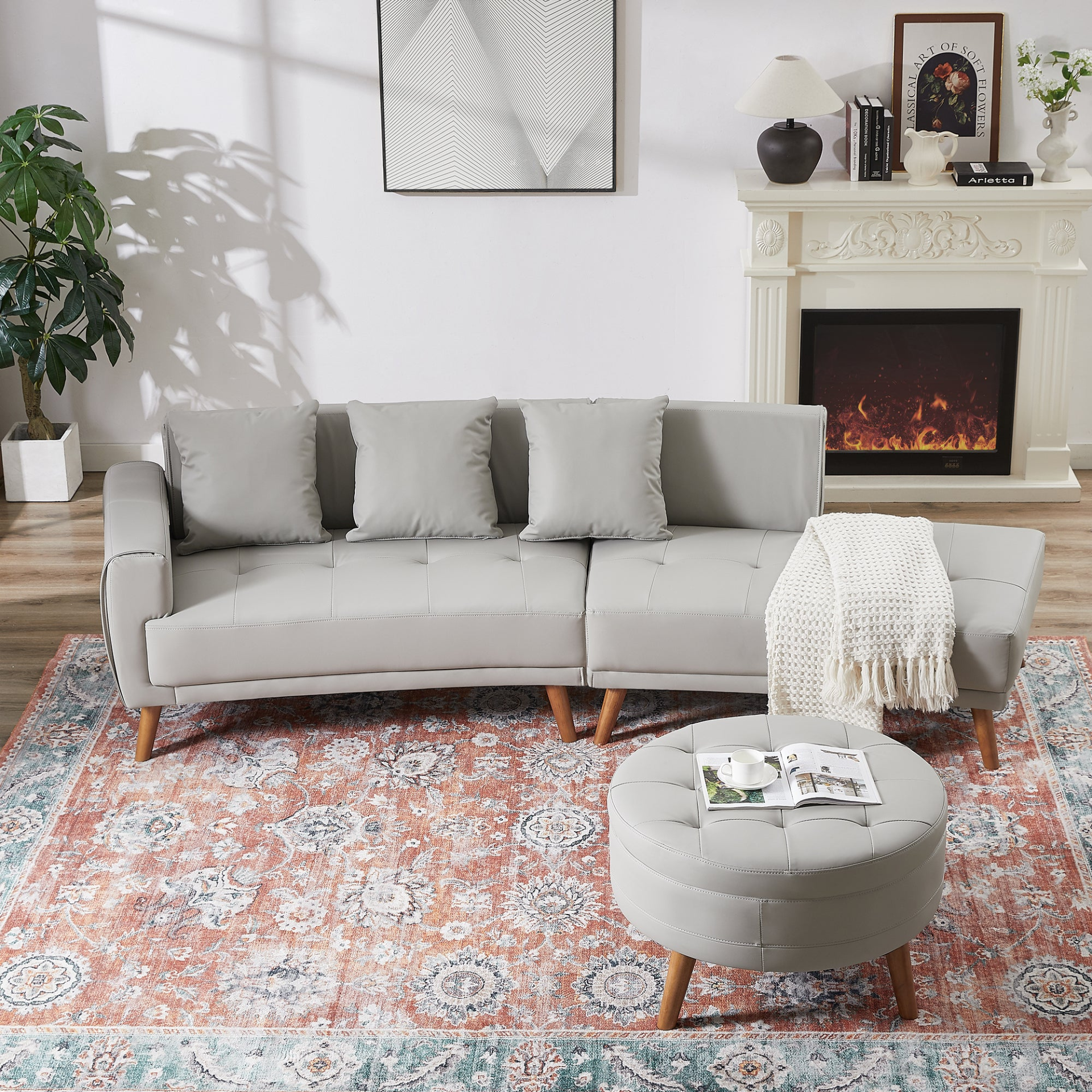 Sofa & Chair sets | Contemporary Sofa Stylish Sofa Couch with a Round Storage Ottoman and Three Removable Pillows for Living Room, Grey | casafoyer.myshopify.com