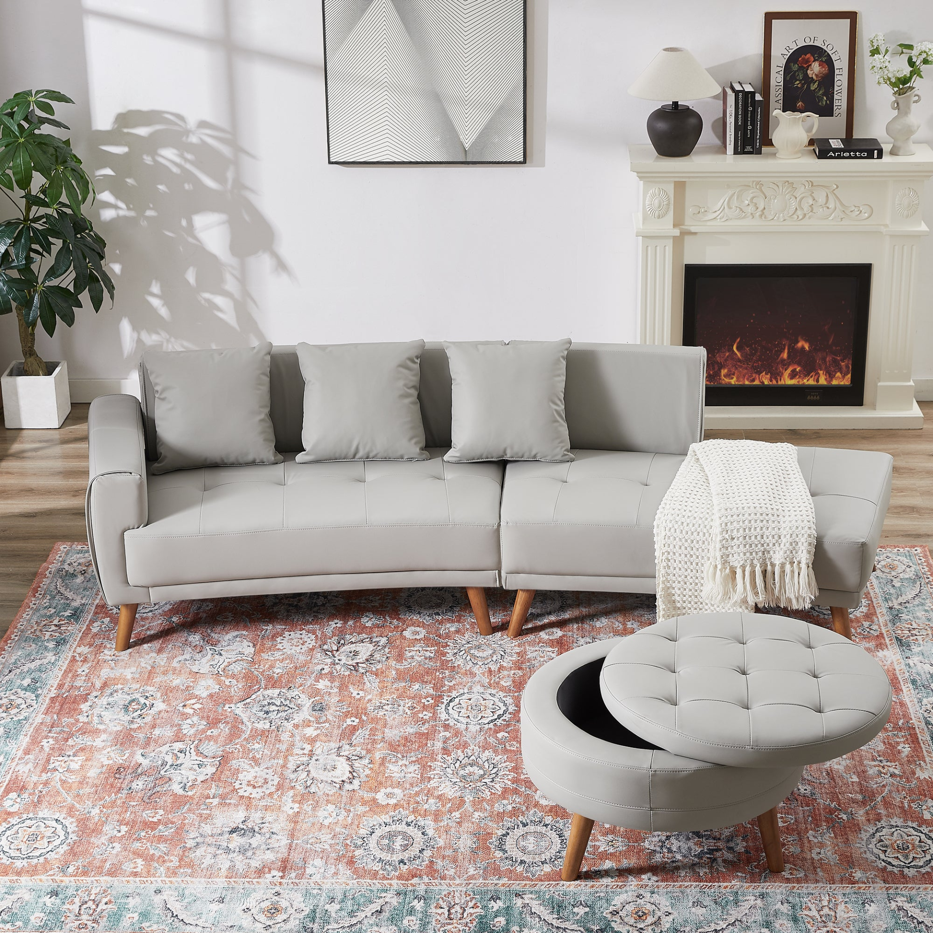 Sofa & Chair sets | Contemporary Sofa Stylish Sofa Couch with a Round Storage Ottoman and Three Removable Pillows for Living Room, Grey | casafoyer.myshopify.com