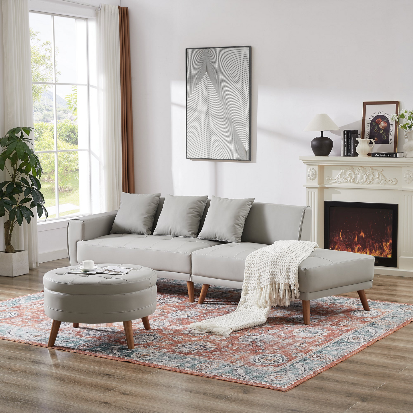 Sofa & Chair sets | Contemporary Sofa Stylish Sofa Couch with a Round Storage Ottoman and Three Removable Pillows for Living Room, Grey | casafoyer.myshopify.com