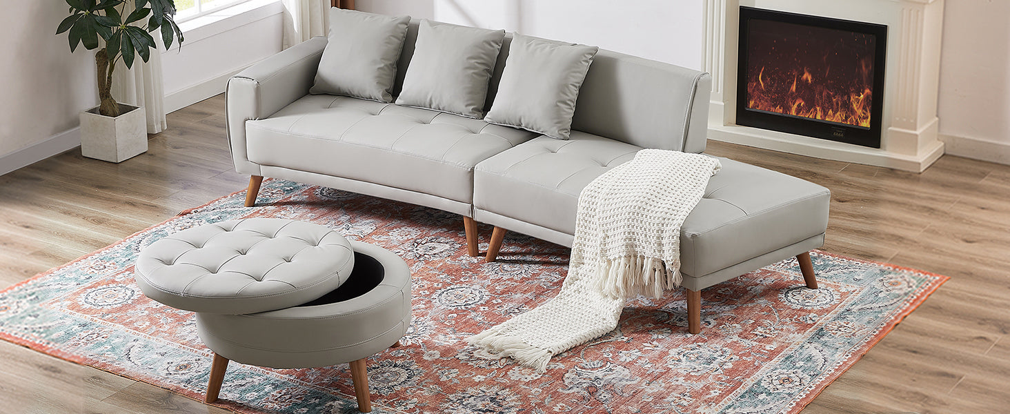 Sofa & Chair sets | Contemporary Sofa Stylish Sofa Couch with a Round Storage Ottoman and Three Removable Pillows for Living Room, Grey | casafoyer.myshopify.com