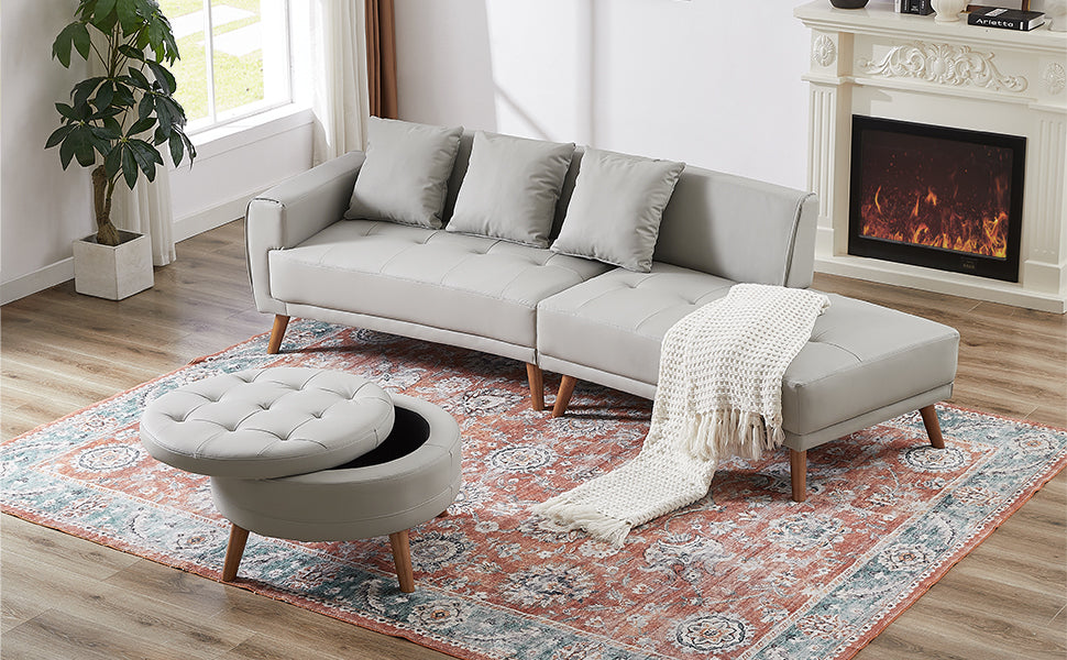 Sofa & Chair sets | Contemporary Sofa Stylish Sofa Couch with a Round Storage Ottoman and Three Removable Pillows for Living Room, Grey | casafoyer.myshopify.com