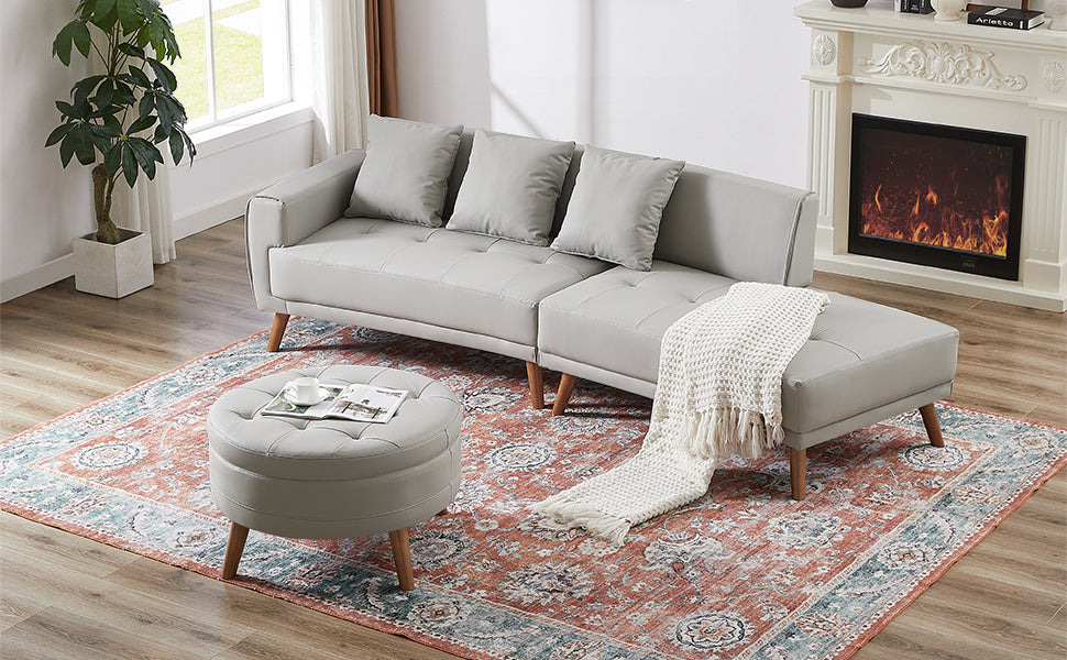 Sofa & Chair sets | Contemporary Sofa Stylish Sofa Couch with a Round Storage Ottoman and Three Removable Pillows for Living Room, Grey | casafoyer.myshopify.com