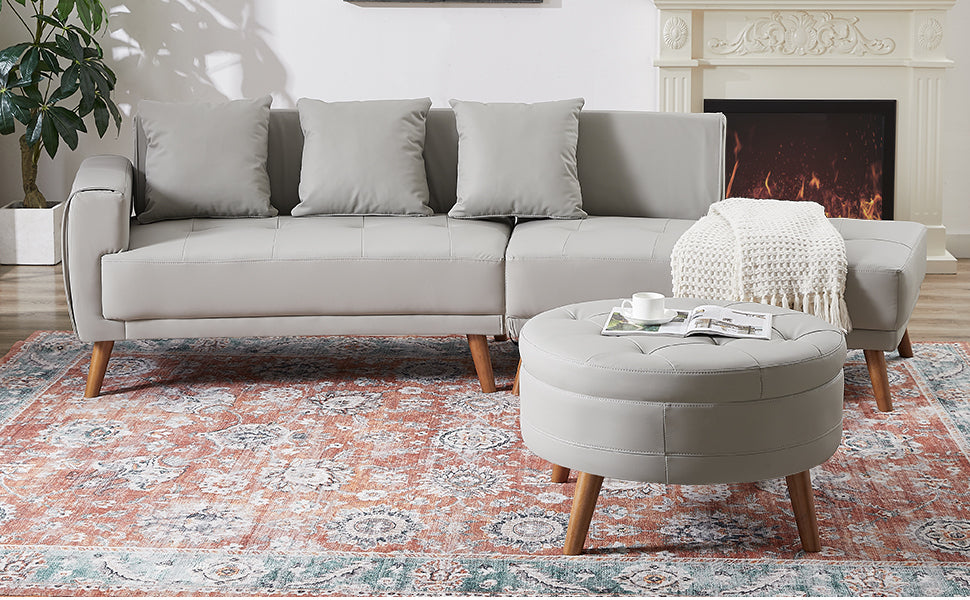 Sofa & Chair sets | Contemporary Sofa Stylish Sofa Couch with a Round Storage Ottoman and Three Removable Pillows for Living Room, Grey | casafoyer.myshopify.com