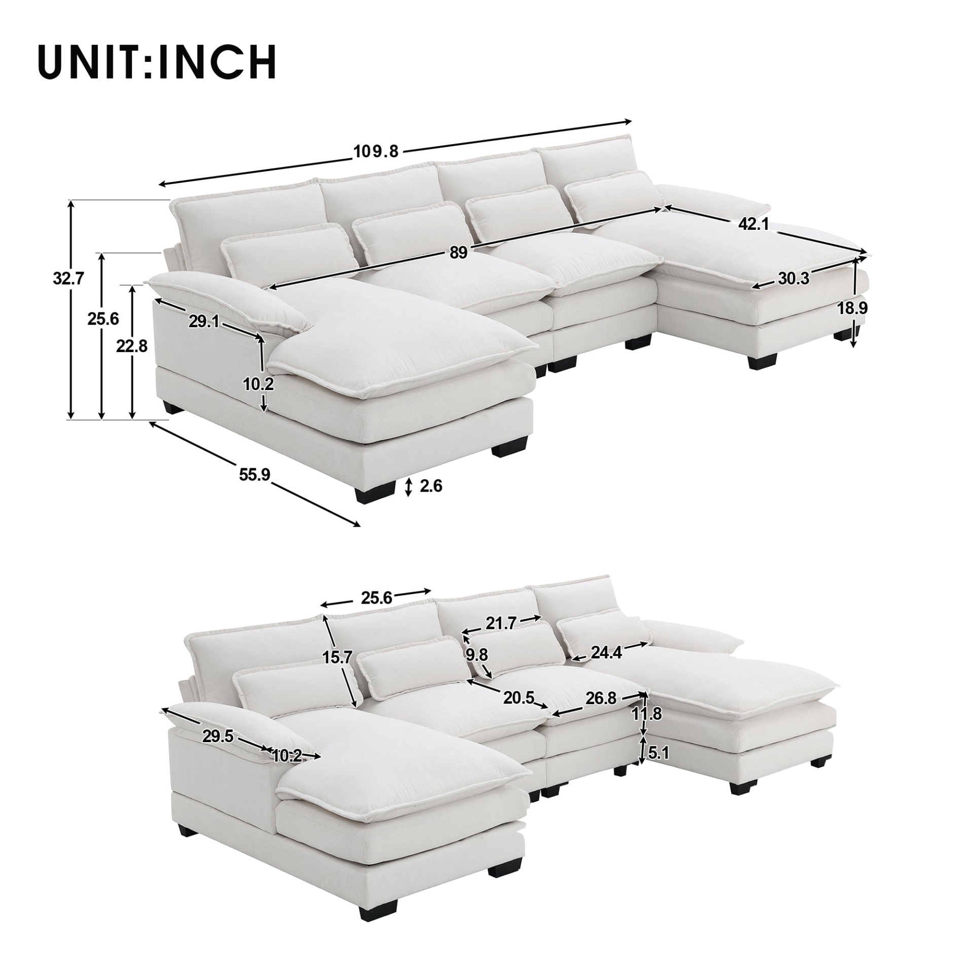 [product_type] | Modern U-shaped Sectional Sofa with Waist Pillows - 6-seat Symmetrical Sofa Furniture | casafoyer.myshopify.com